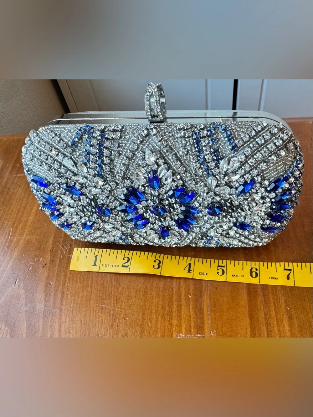Nina - Silver Crystal Evening Clutch with Blue Gem Accents